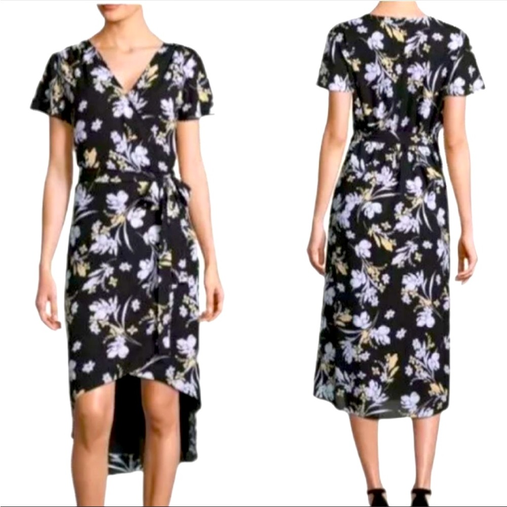 Worthington Black White Yellow Floral V-Cut Wrap Waist Tie High-low Midi Dress